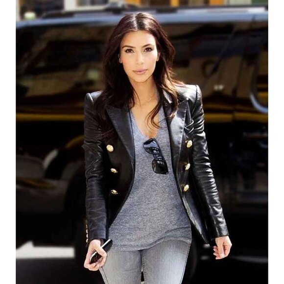 Women’s Black Slim Fit Leather Blazer | Double Breasted Gold Buttons | NWT - Picture 13 of 14